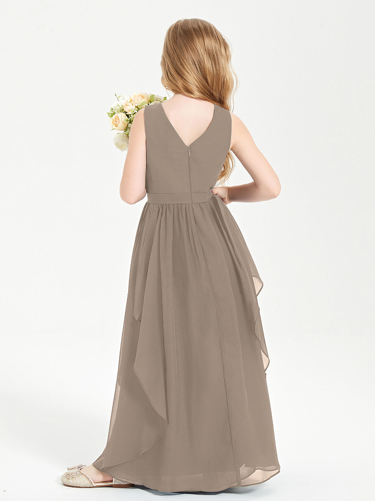 Boho Sleeveless Junior Chiffon Bridesmaids Gown Taupe